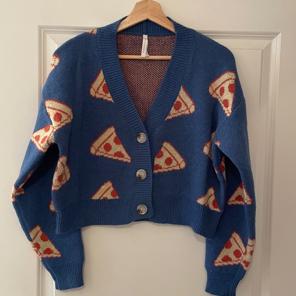 Blue Cardigan with Pizza Slice Pattern